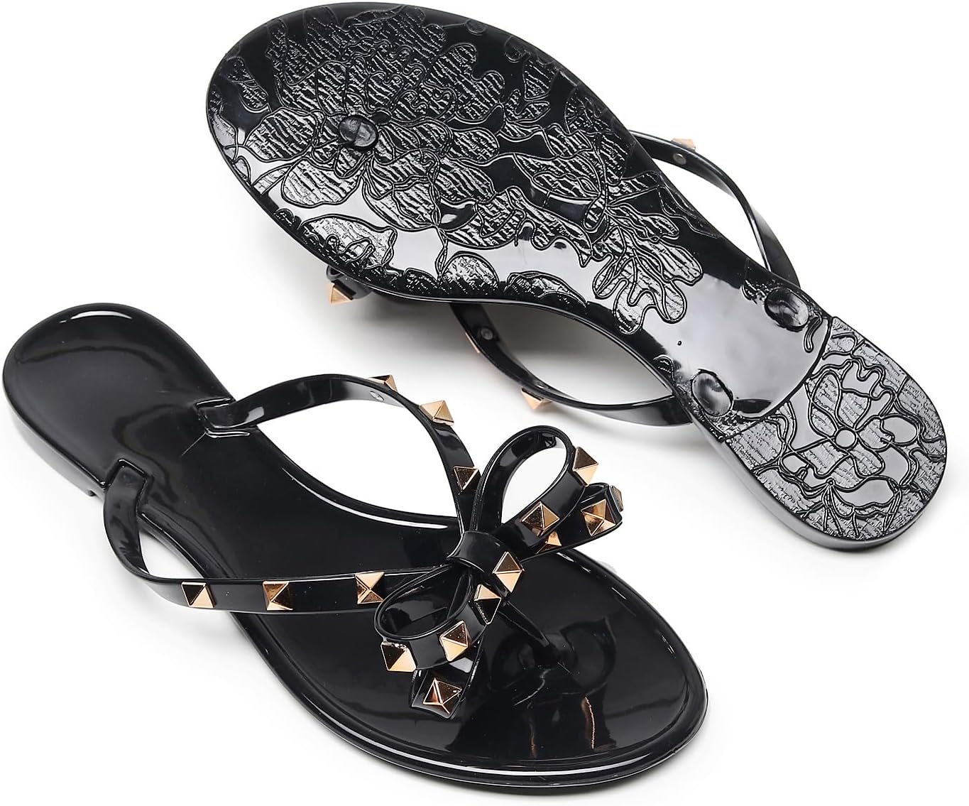 Womens Studded Sandals Flat Jelly Shoes Thong Flip Flops with Bow Stud Slip On Summer Beach Rivets Dressy Slides