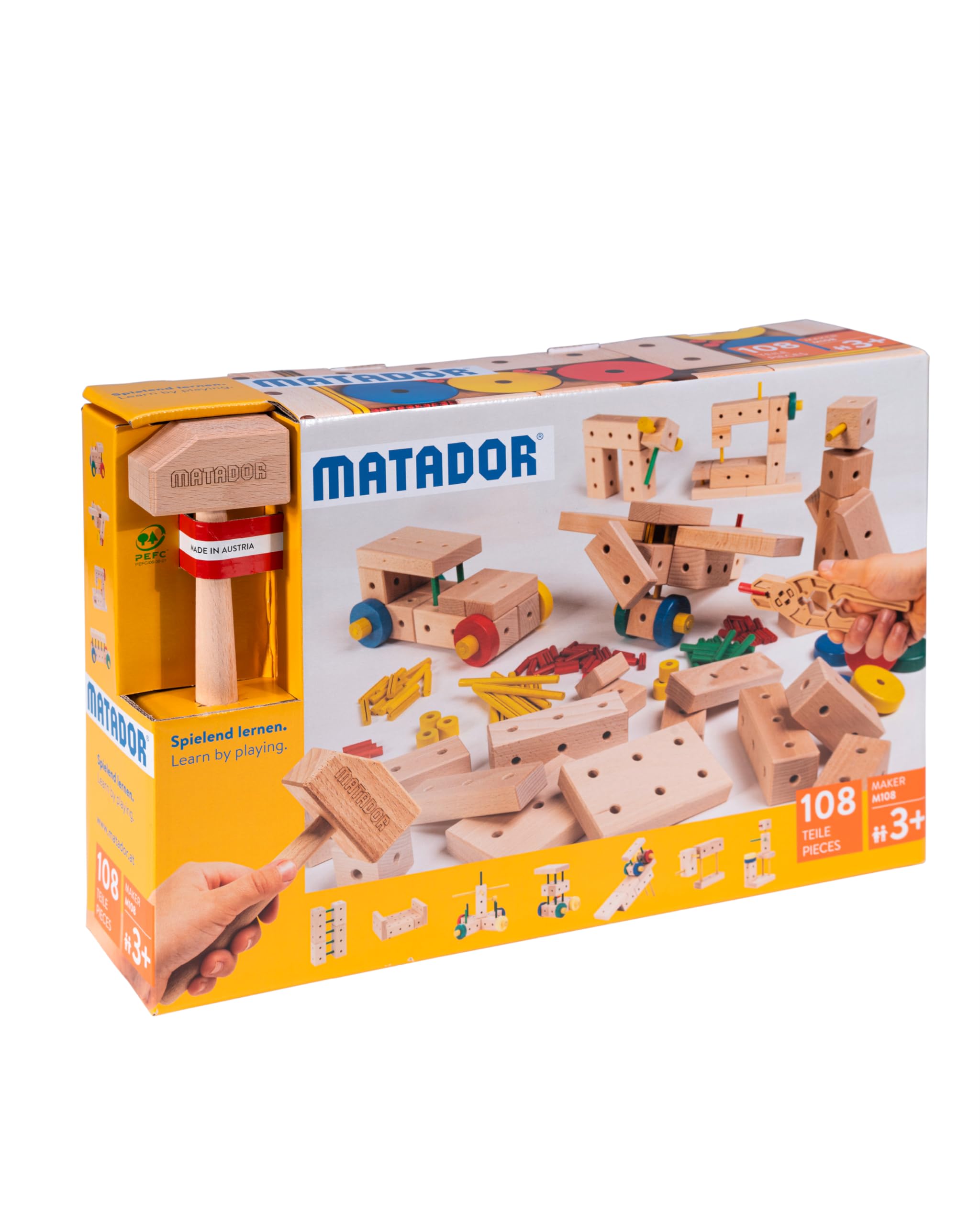 Matador Set de Construcción para Niños Desde 3 Años – 108 Piezas | Juego de construcción en Madera Atractivo para fomentar Creatividad y motricidad Fina, con Varillas, Bloques, Martillo y Pinza