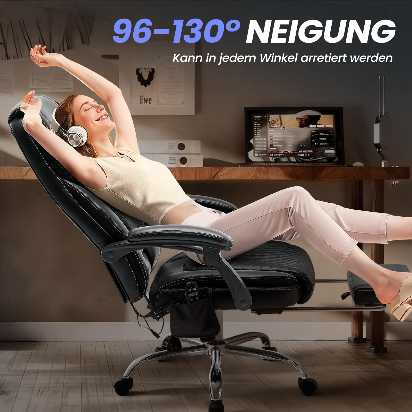 COLAMY Ergonomischer Chefsessel aus Leder mit 6-Punkt-Massage & 3-Stufen-Heizfunktion, höhenverstellbar, verstellbare Rückenlehne, ausziehbare Fußstütze – Büro & Home Office, Schwarz