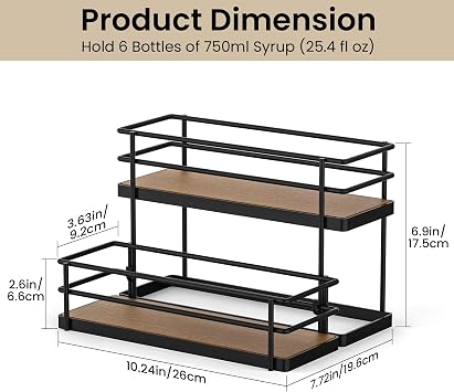 THYGIFTREE Coffee Syrup Rack Organizer - 6 Bottle Syrup Holder Stand with 2-Tier Storage Shelves for Dressing & Coffee Station