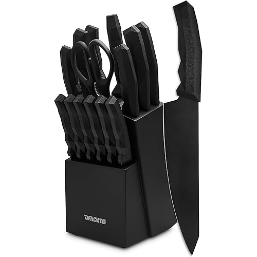 15 Piece Kitchen Knife Block Set, Premium Full Tang High Carbon Stainless Steel, Egonomic Grip Heavy Duty Handles, Geometric Modern Chef's Knives, Black Matte Blades by DFACKTO