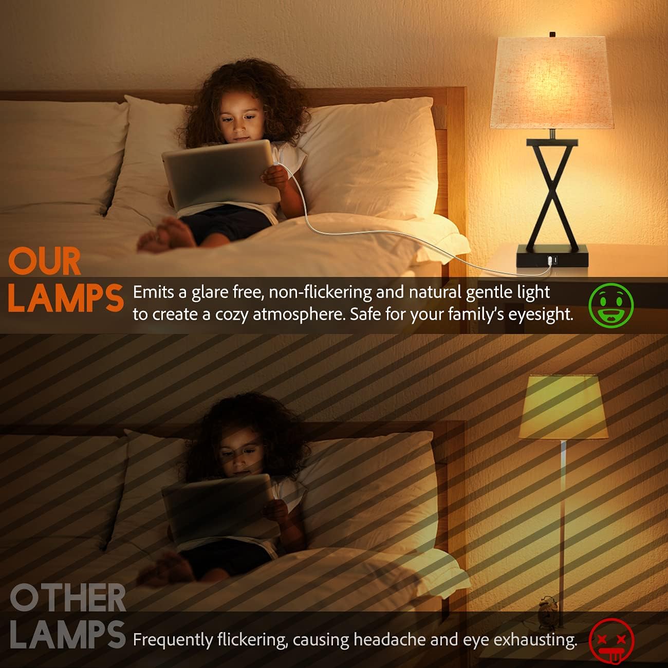 Innqoo Bedside Table Lamps for Bedroom - Set of 2 Nightstand Touch Lamps with USB Charging Ports, 23” Tall House Decor Farmhouse Decorations for Living Room, 3-Way Dimmable Modern Lamps with LED Bulbs - - 