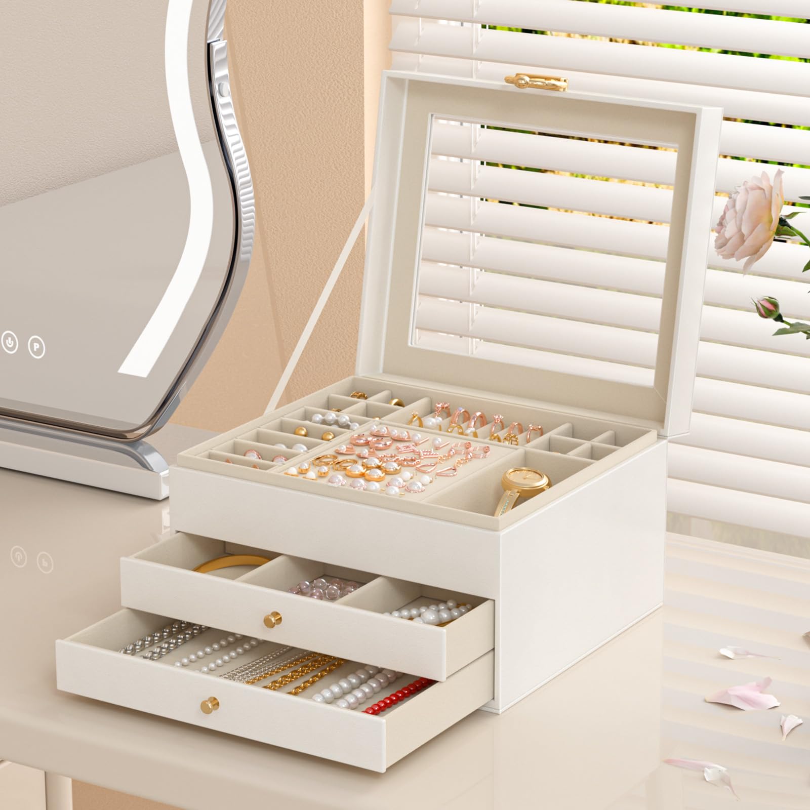 Caja Grande para Joyas 3 Niveles – Organizador Elegante para Anillos, Collares y Pendientes – 24 Compartimentos, Tapa Transparente –para Mujer(Blanco mate)