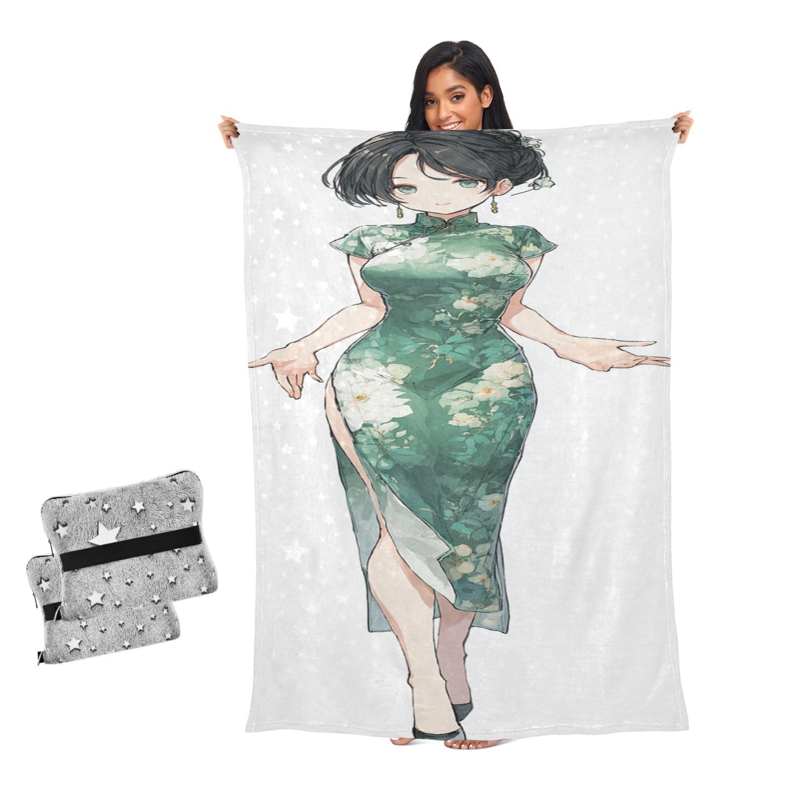 Robe verte chinoise illustrée sur couverture pour femme et lit