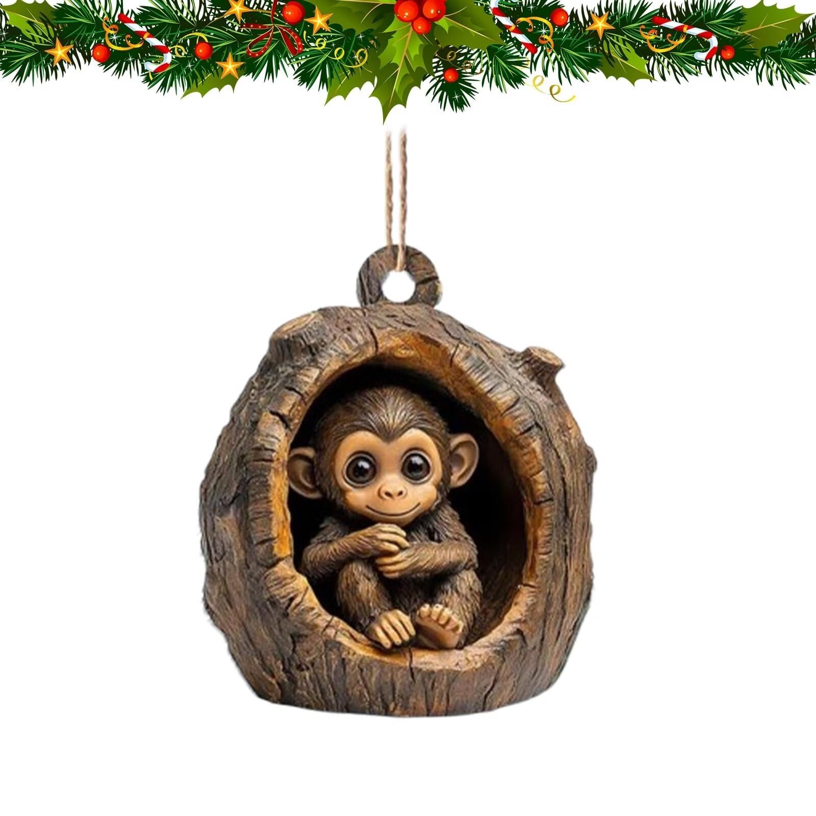 SENIURIS Forest Christmas Tree Animal Decorations, Pattern 2D Acrylic Ornament, Acrylic Party Hanging Ornament Pendant. (Little Monkey)