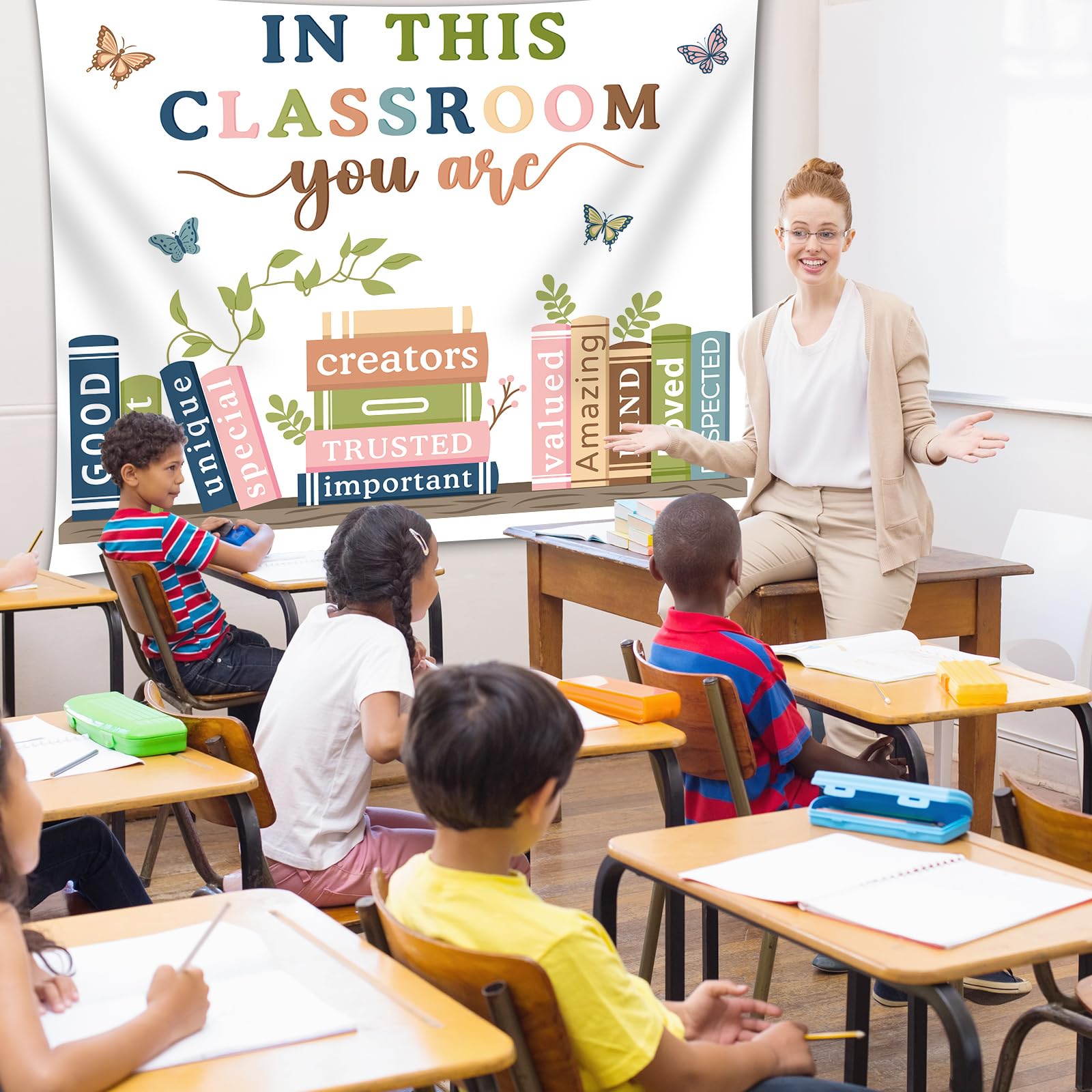 QOUBAI Tapiz de bienvenida para el aula de regreso a clases, bohemio, motivacional, primer día de escuela, tablón de anuncios, decoración positiva de fondo para jardín de infantes, decoración de pared