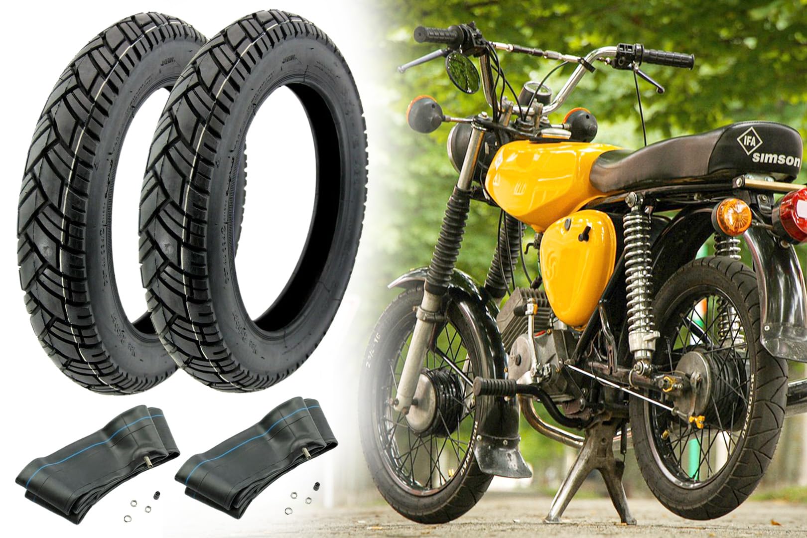 2 Reifen 2,75 x 16 Zoll VRM 094 Straßenprofil, 43J Vee Rubber inklusive Schlauch 2,50-2,75 x 16 Zoll, TR4 Ventil gerade für Simson