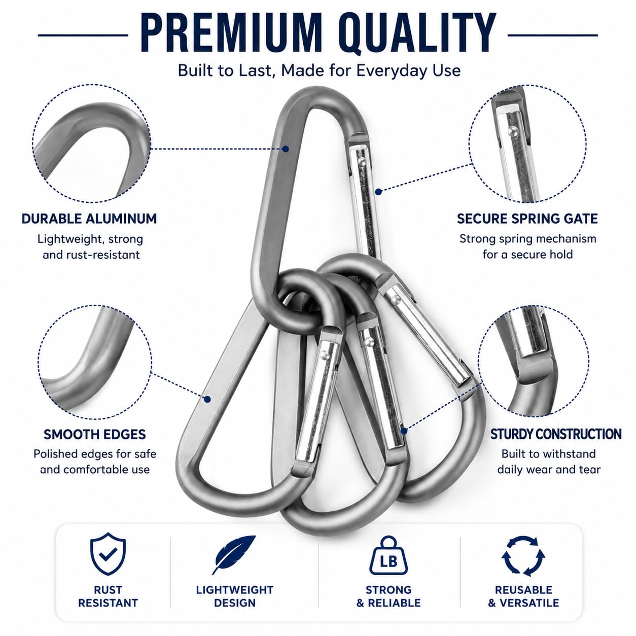 Lot de 6 mousquetons en Forme de D en Aluminium de 7,6 cm avec 6 Crochets Porte-clés