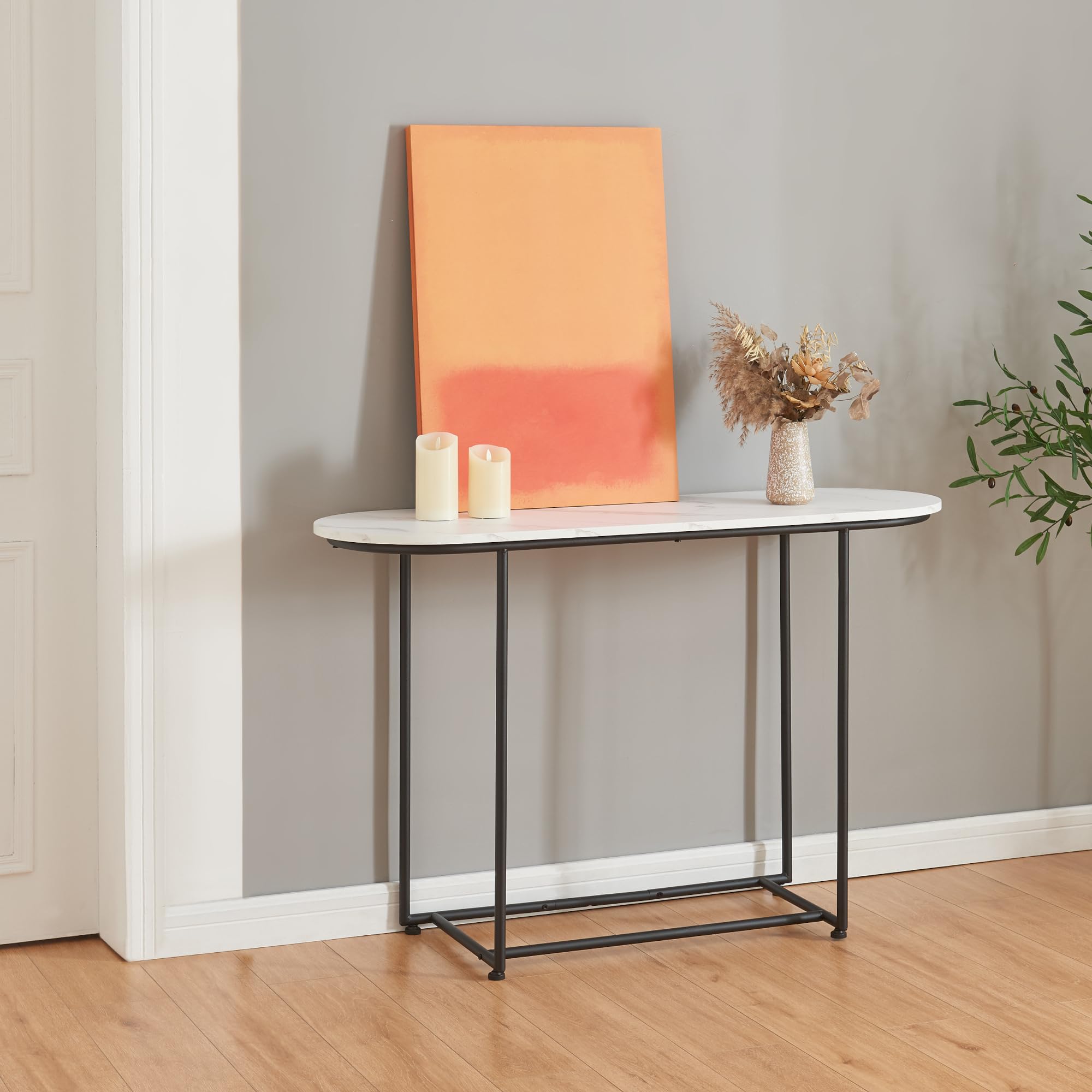 [en.casa] Mesa Consola Nordfron Mueble Recibidor Ovalada Mesa Auxiliar para Salón Pasillo Entrada Dormitorio Estructura Metálica 120 x 40 x 75 cm - Efecto mármol Blanco