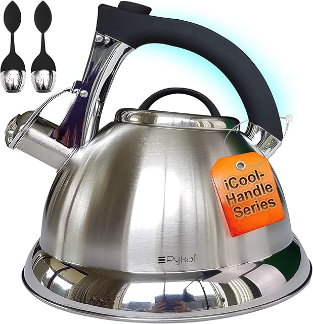 Pykal Whistling Tea Kettle for Stove Top - 2.8l - Stainless Steel iCool Handle Tea Pot - 5 PLY Kettles - Teapot w/ 2 Infusers Also for Gas Hob or Induction Heater