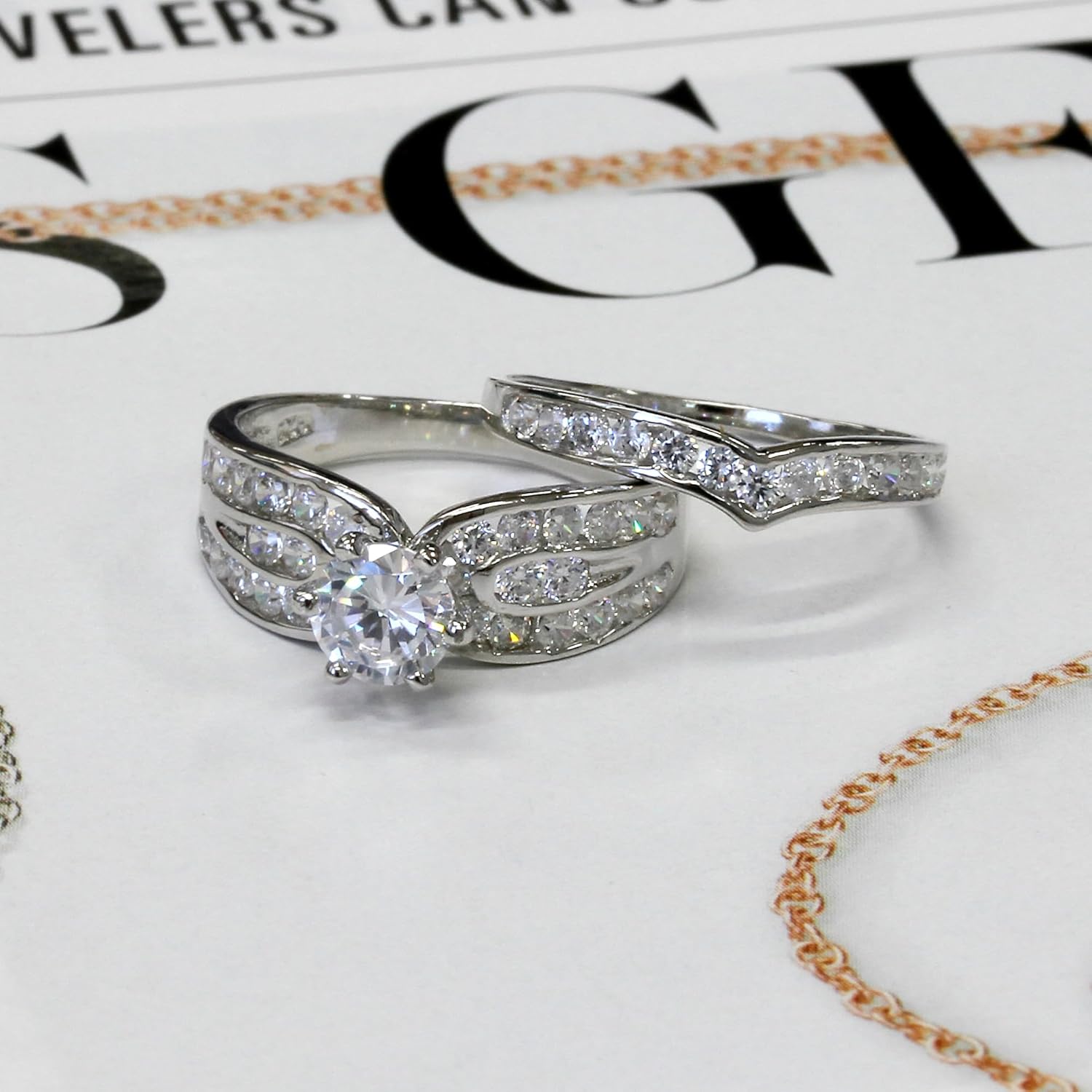 Sterling Silver Round CZ 2 pcs Bridal Wedding Ring Sets 13MM (Size 5 to 10)