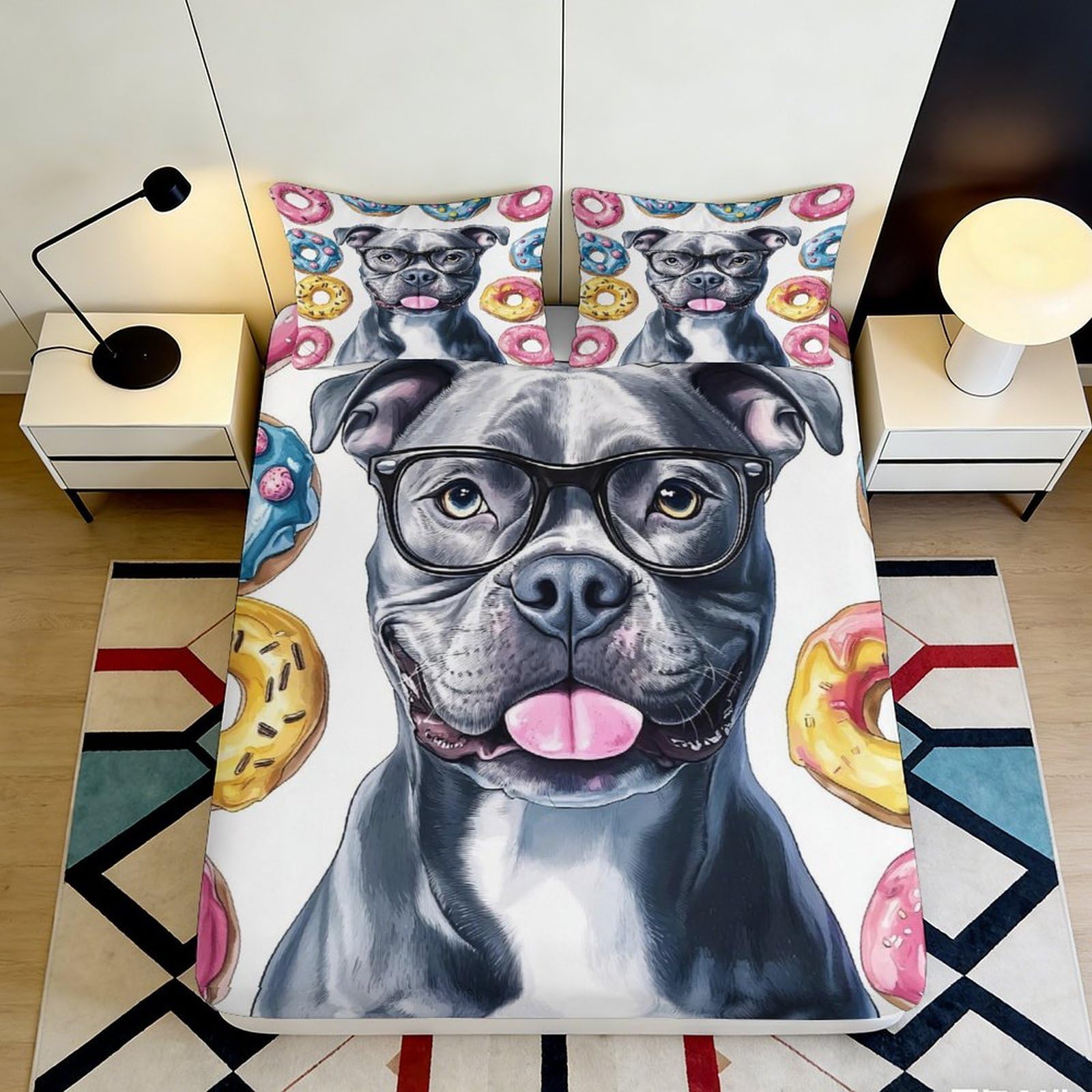 3D Printed Bulldog Glasses Fitted Sheet Microfiber Fun Donut Bed Cover Non Slip Machine Washable Bedroom Decor 90x200x25cm