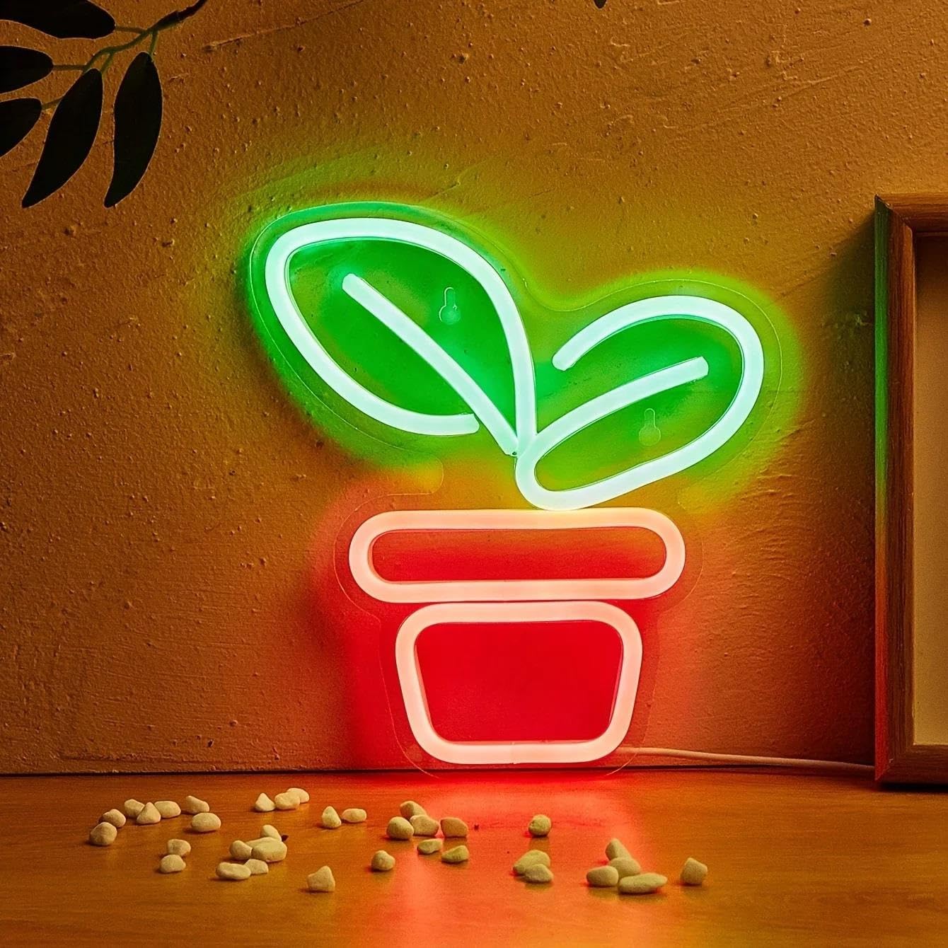 SHOUXI Sign Lamp Potted Plant Neon Sign Room Parties, Bedrooms Aesthetic Wall Decor Light USB Power Supply 20.6cmх22.5cm
