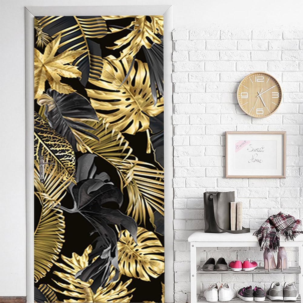 Papier peint de porte feuilles tropicales dorées art moderne PVC résistant 90x200cm pour suite