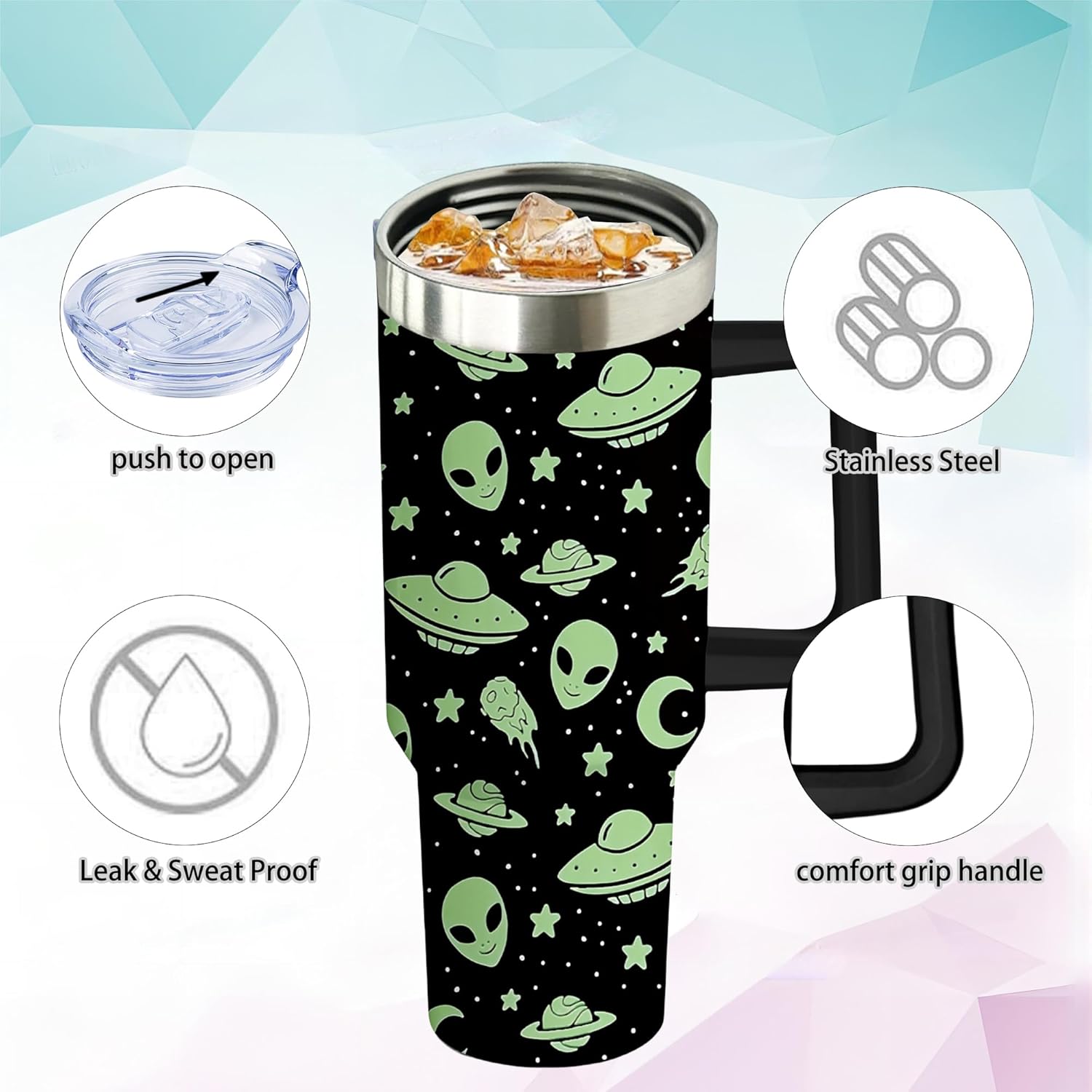 40oz Alien Tumbler with Handle and Flip Straw, Ufo Lover Stainless Steel Insulated Cup, Travel Coffee Mug Water Bottle, Birthday Gifts for Women Men - Image 4