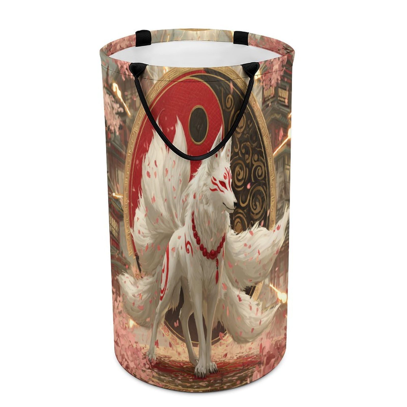 LUYYSKY Beautiful Abstract Yin Yang Fox Versatile Storage Laundry Basket, Classic Realistic Japanese Plant Cherry Blossom Large Bathroom Laundry Hamper With Handle-40 CM Dia, 69 CM High