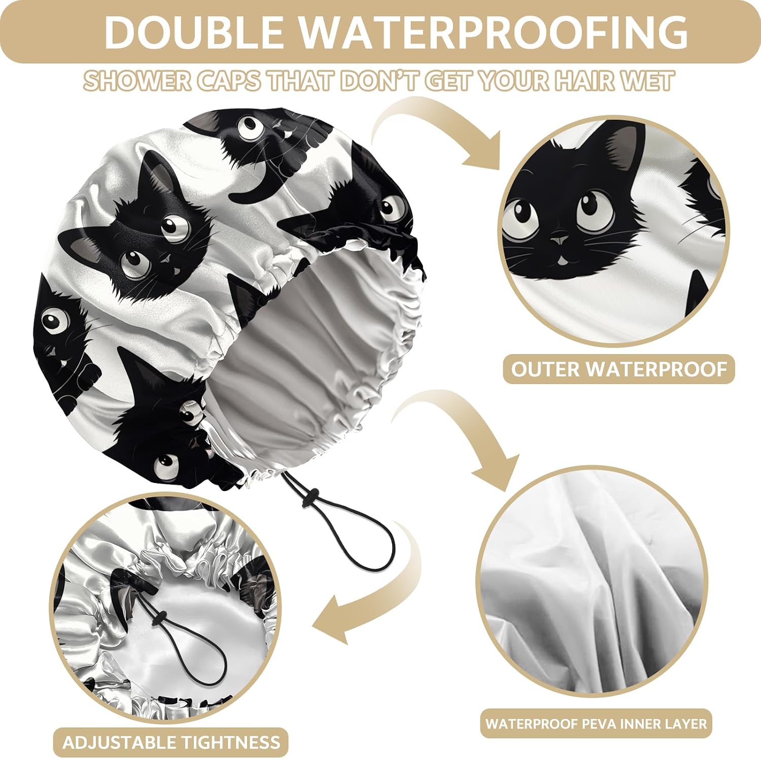 Shower Cap Adjustable Waterproof Double Layer Elastic Reusable Hair Bath Cap Cute Aesthetic for Women Girls-Cat