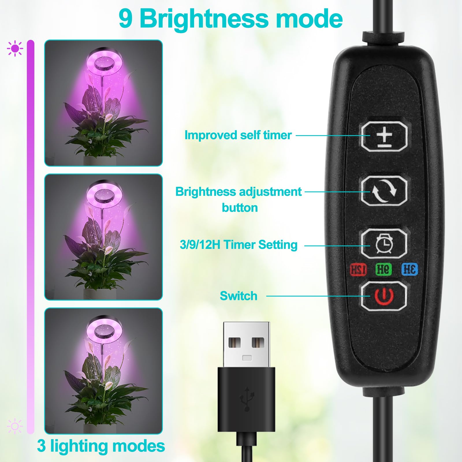 LWMTT Lámpara de Planta,48 LED Luz de Crecimiento de Espectro Completo,Luces de Crecimiento Ajustable en Altura con Temporizador 3/9/12H,9 Brillos,3 Modos,Lampara de Crecimiento para Plantas Pequeñas