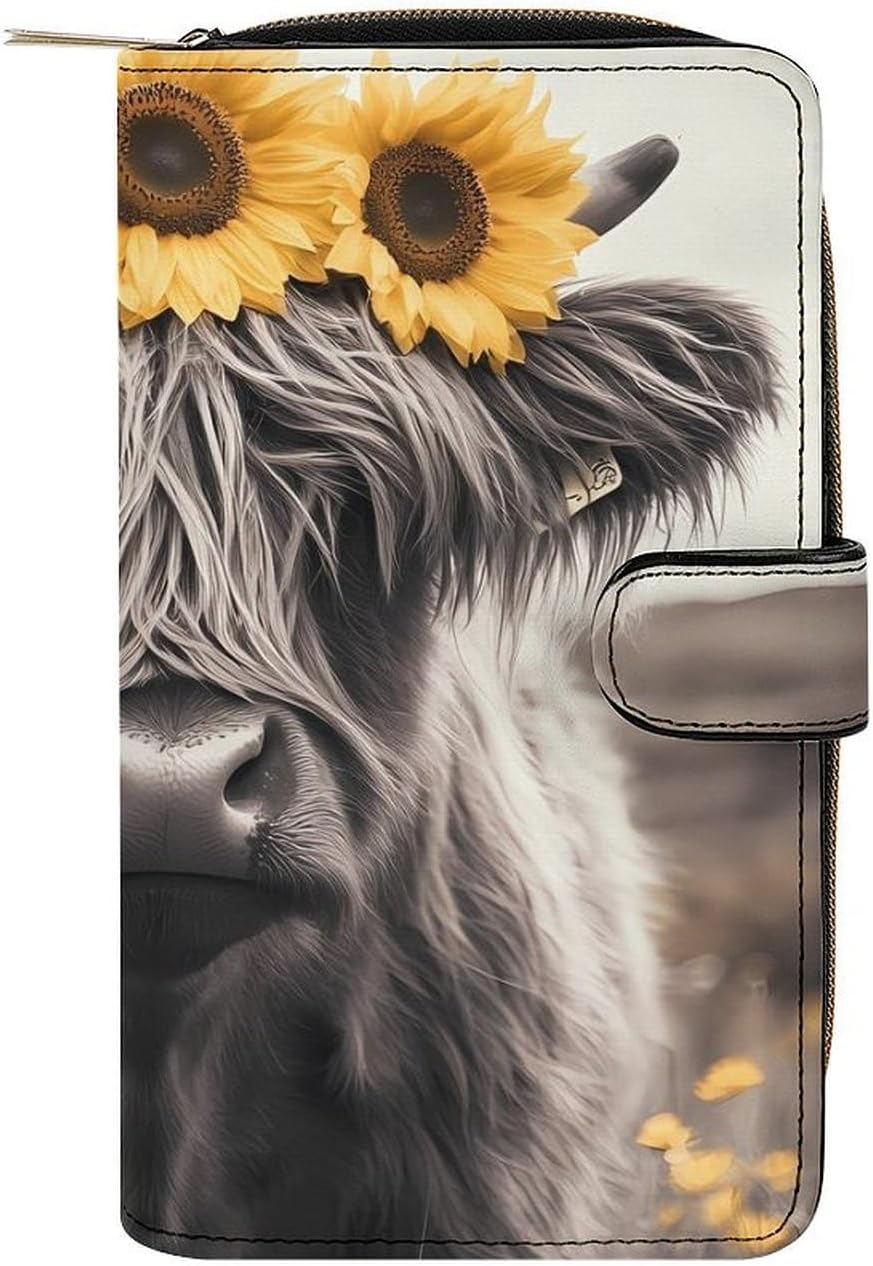 Highland Cow Black And White Women's Long Wallet Leather Large Capacity Wristlet Clutch Purse Wallets