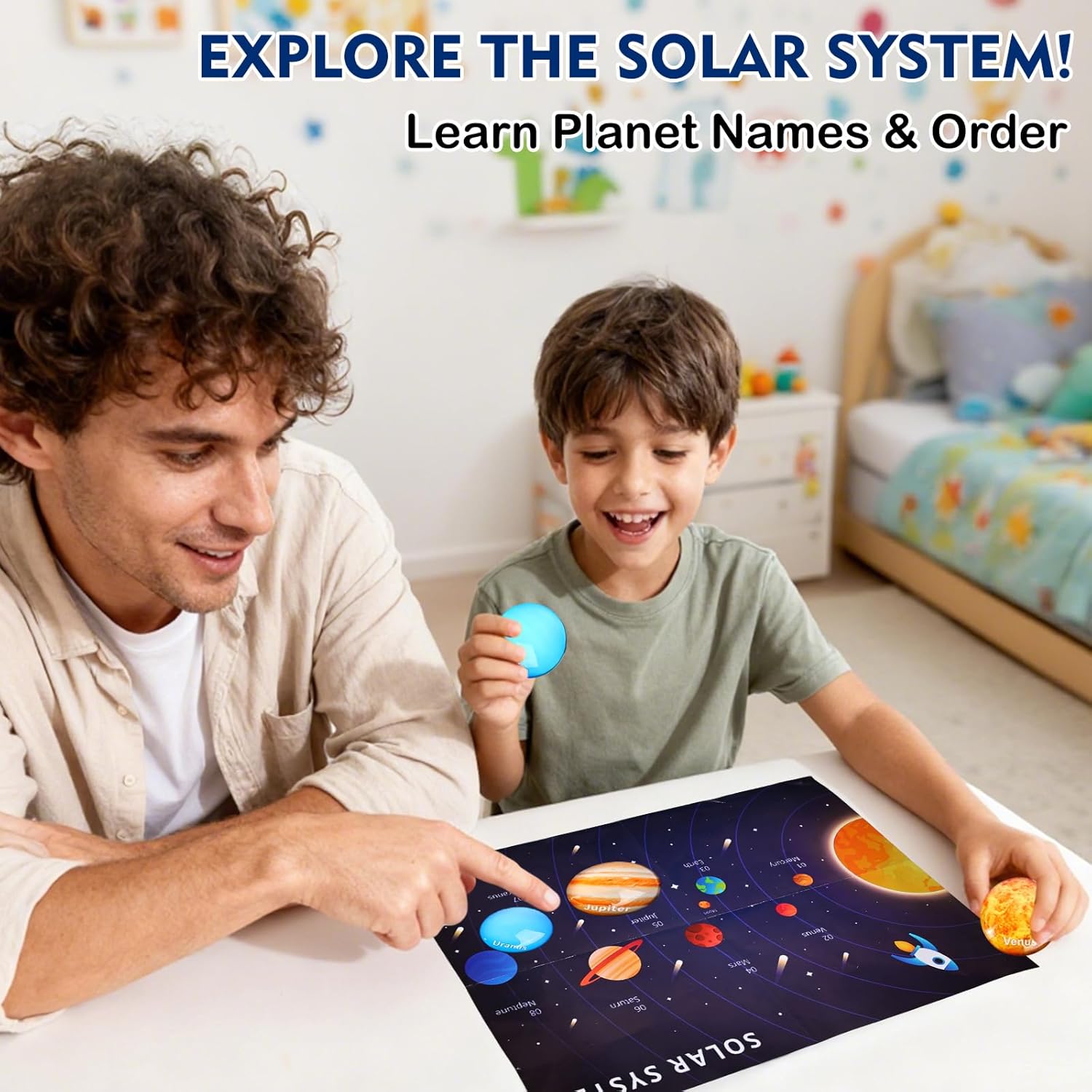 Space Sensory Bin, Science Themed with 8 Planets & Star Map, No-Mess Soft Pom Poms for Preschool Learning, Gifts for Boys Girls Age 3 4 5 6+