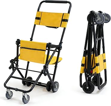 Portable Folding Lift Stair Chair, 350 lbs Stair Lift with 4 Wheels & Safety Belts | Aluminum Alloy Manual Transport Chair, Evacuation Rescue Chair for Disabled Firefighters Moving Elderly Patients, Yellow