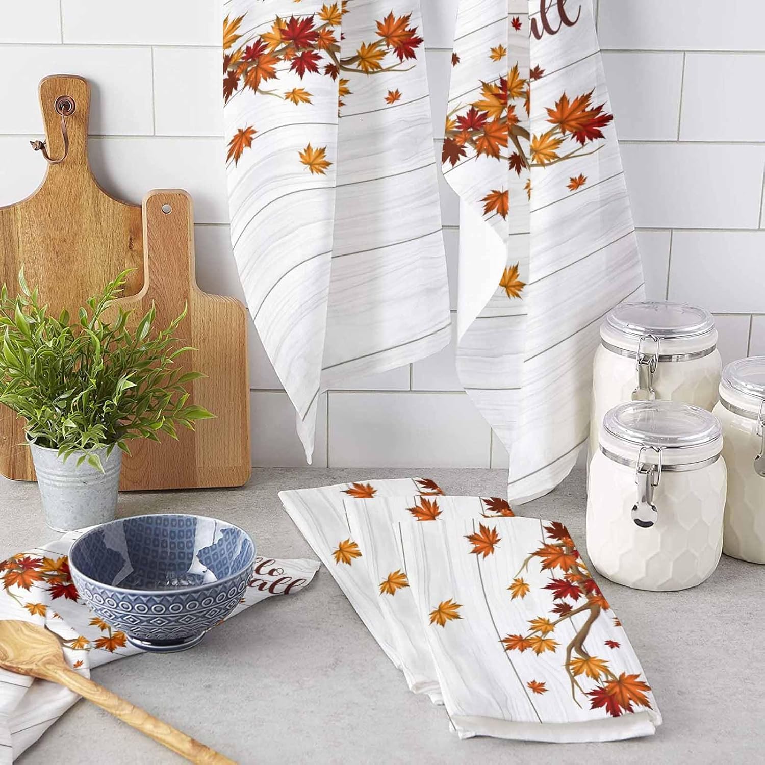 Smile Sunflower Kitchen Towels Microfiber Cleaning Cloths, Hello Fall Maple Leaves Branch Soft Dish Towels for Kitchen, Pack of 2 Absorbent Reusable Dish Towels,Tea Towels,Bar Towels,18x28 Inch