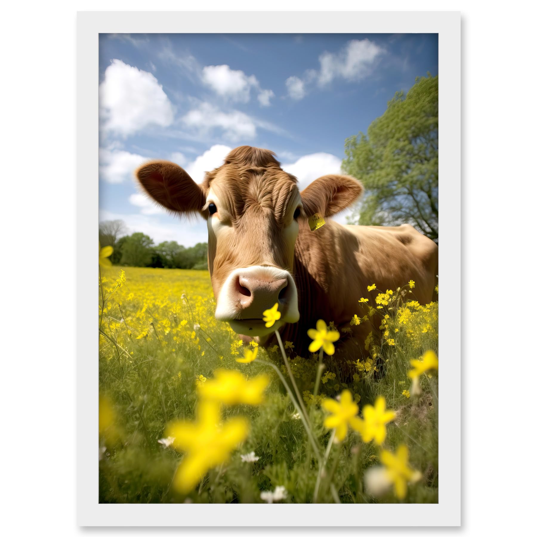 Artery8 Buttercup the Cow Photo Meadow Flowers Photograph Countryside Animal Spring Field Artwork Framed A3 Wall Art Print