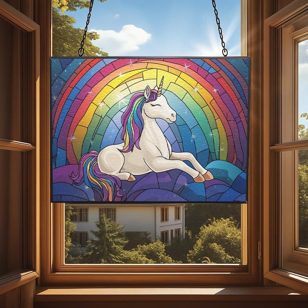 Customized Rectangle Cartoon Unicorn Stained Glass Suncatcher Window Hangings, Stained Glass Panel Sun Catchers Gifts Home Decor Garden Christmas Halloween Wedding