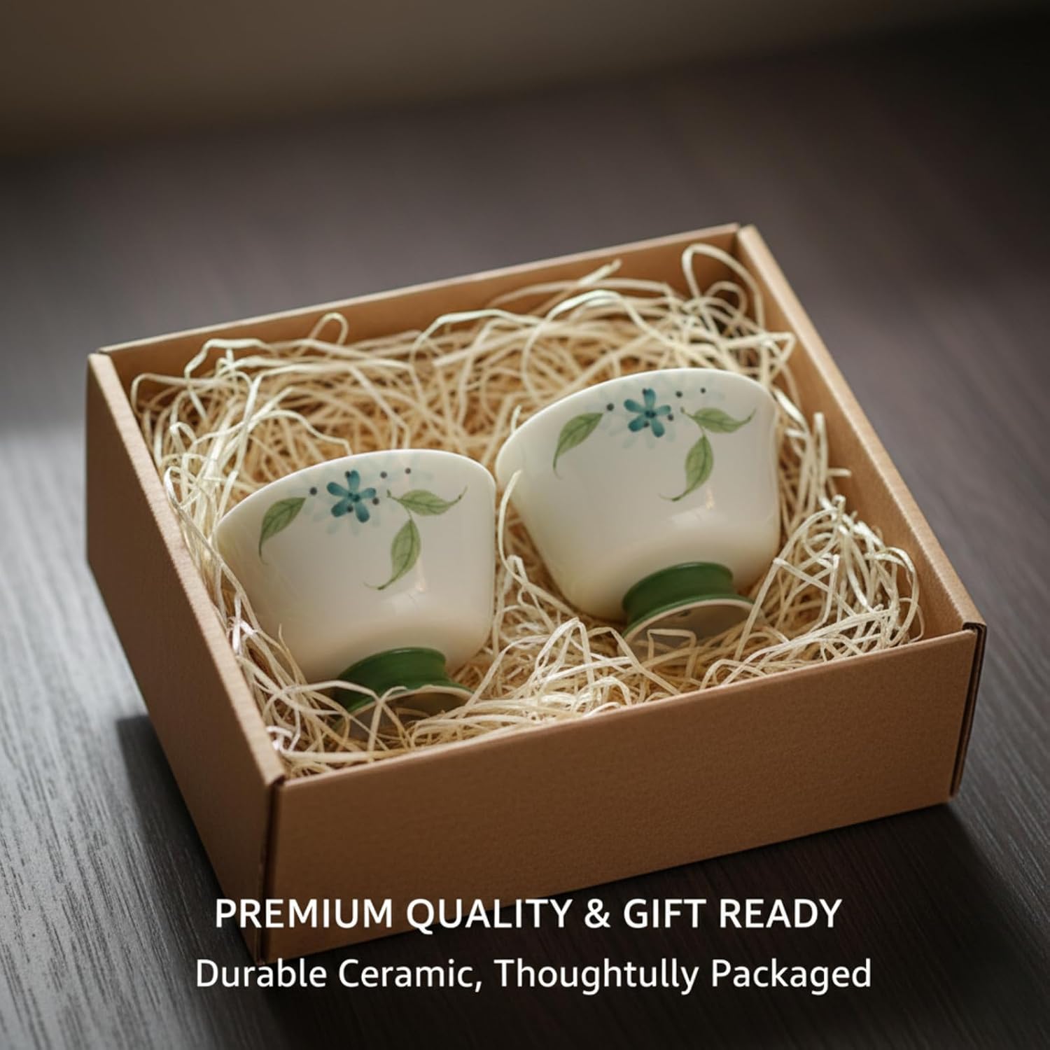 2 Pack Chinese Tea Cups - Small Sake Cups With Hand Painted Hydrangea, Gongfu Ceramic Teacup No Handle - 1.35 oz Traditional Tea Ceremony Accessories
