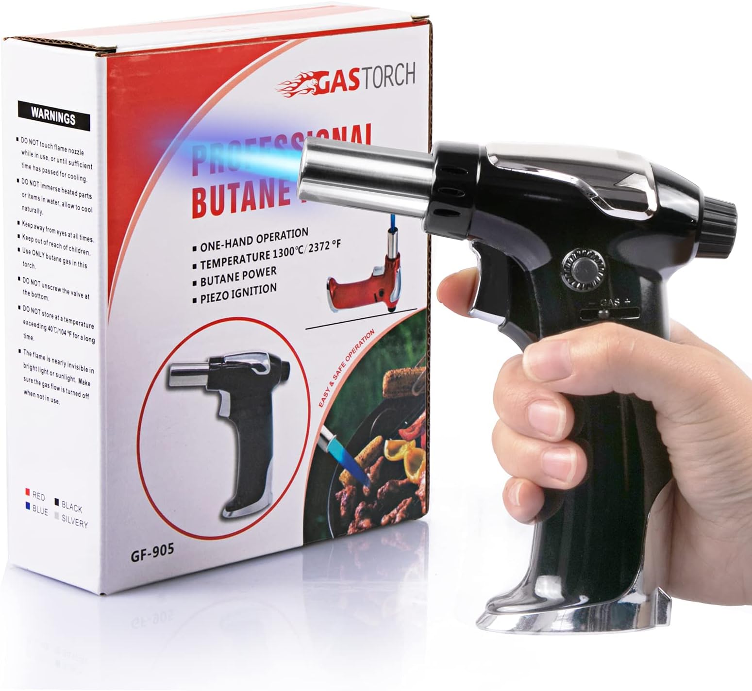 Butane Torch, Refillable Kitchen Torch Lighter, Fit All Butane Tanks Blow Torch with Safety Lock and Adjustable Flame for Desserts, Creme Brulee, BBQ and Baking(Butane Gas Not Included)