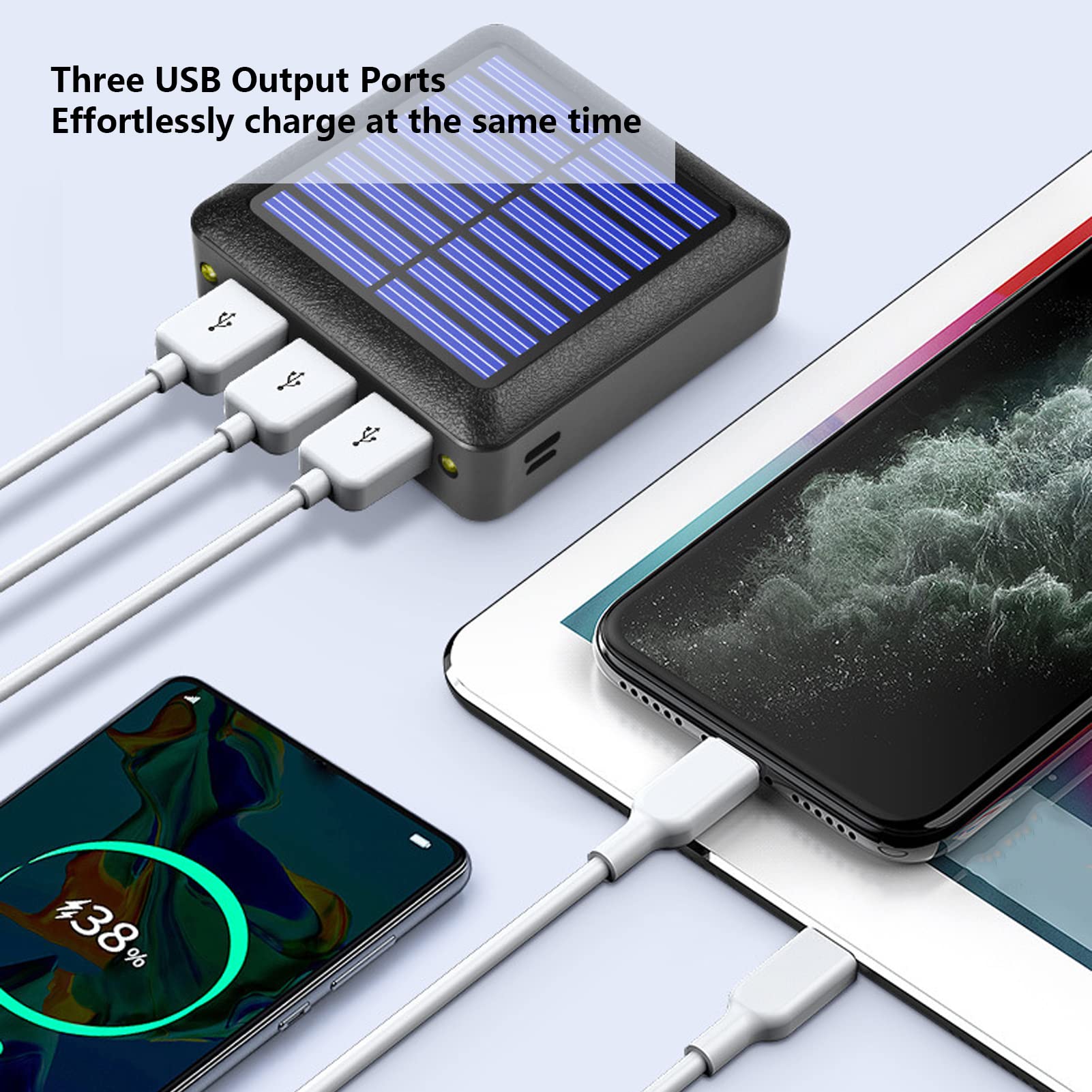 10000mAh Small Solar Phone Charger Banque d'alimentation à Double Entrée avec 3 Sorties USB et Lumière LED pour Le Camping en Plein Air, la Randonnée, la Pêche, Les Voyages