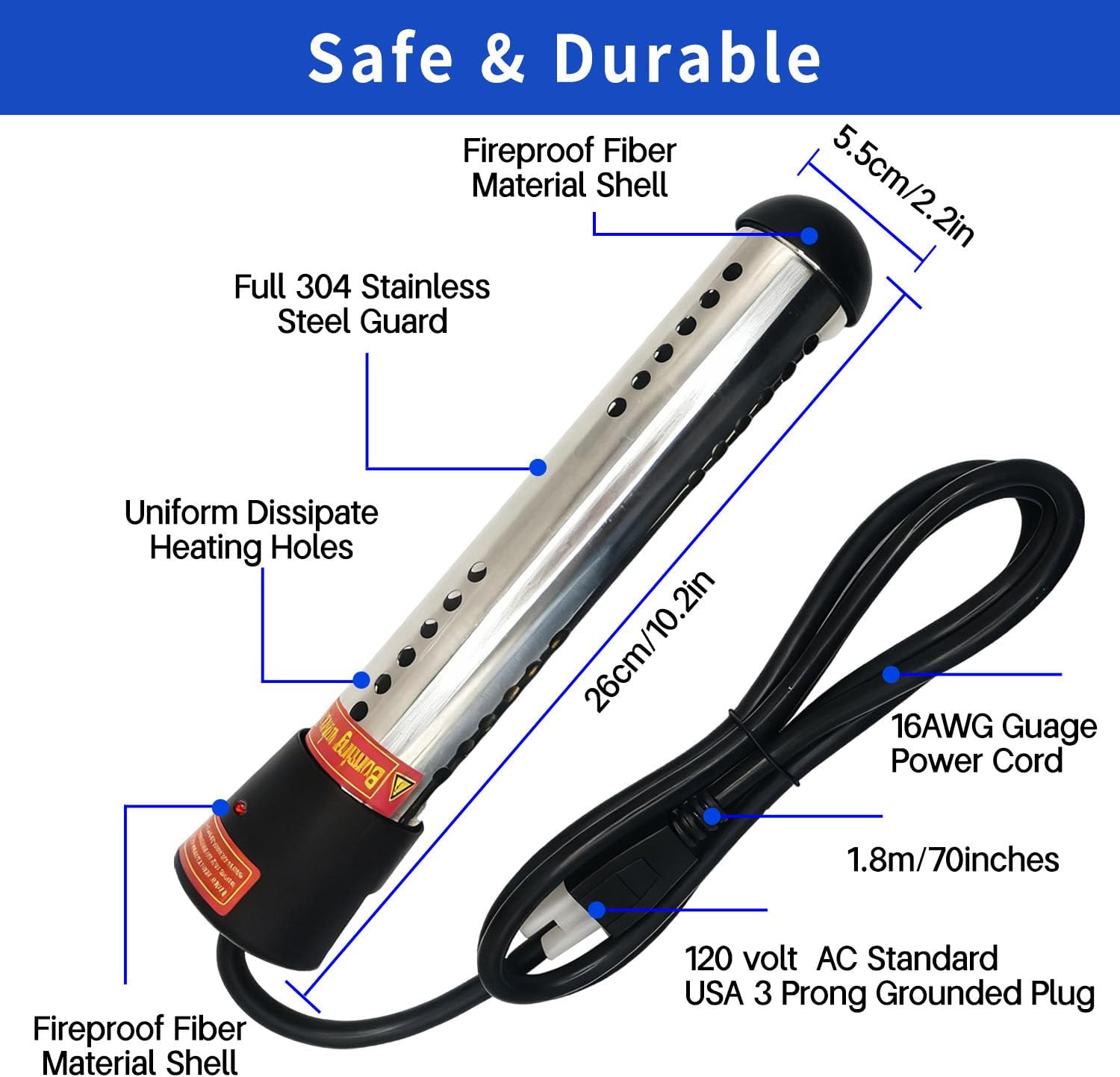 2000W Immersion Water Heater Electric, Portable Water Heater with Efficient Heating, Digital Thermometer & Auto Shut-Off, 304 Stainless Steel, Pool Heater and Bucket Heater for Home & Outdoor Use