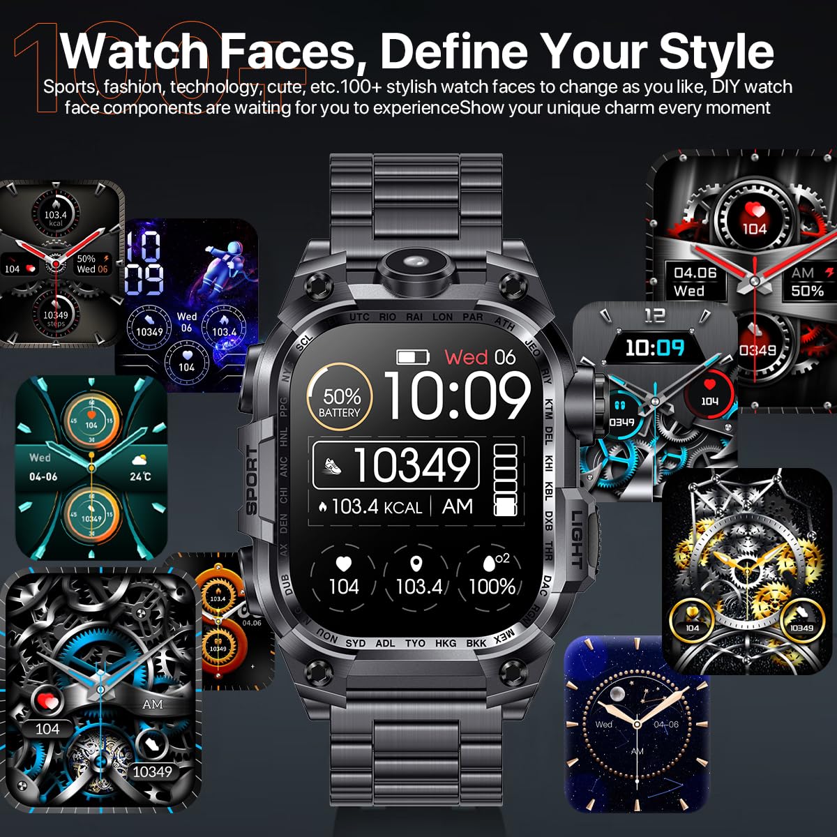 Nemheng Military Smart Watch pour hommes, 2.01” HD Fitness Tracker Watch with Make/Answer Call, Women's Smartwatch With Flashlight & 100+ Sport Modes, SpO2 Moniteur de fréquence cardiaque et de sommei