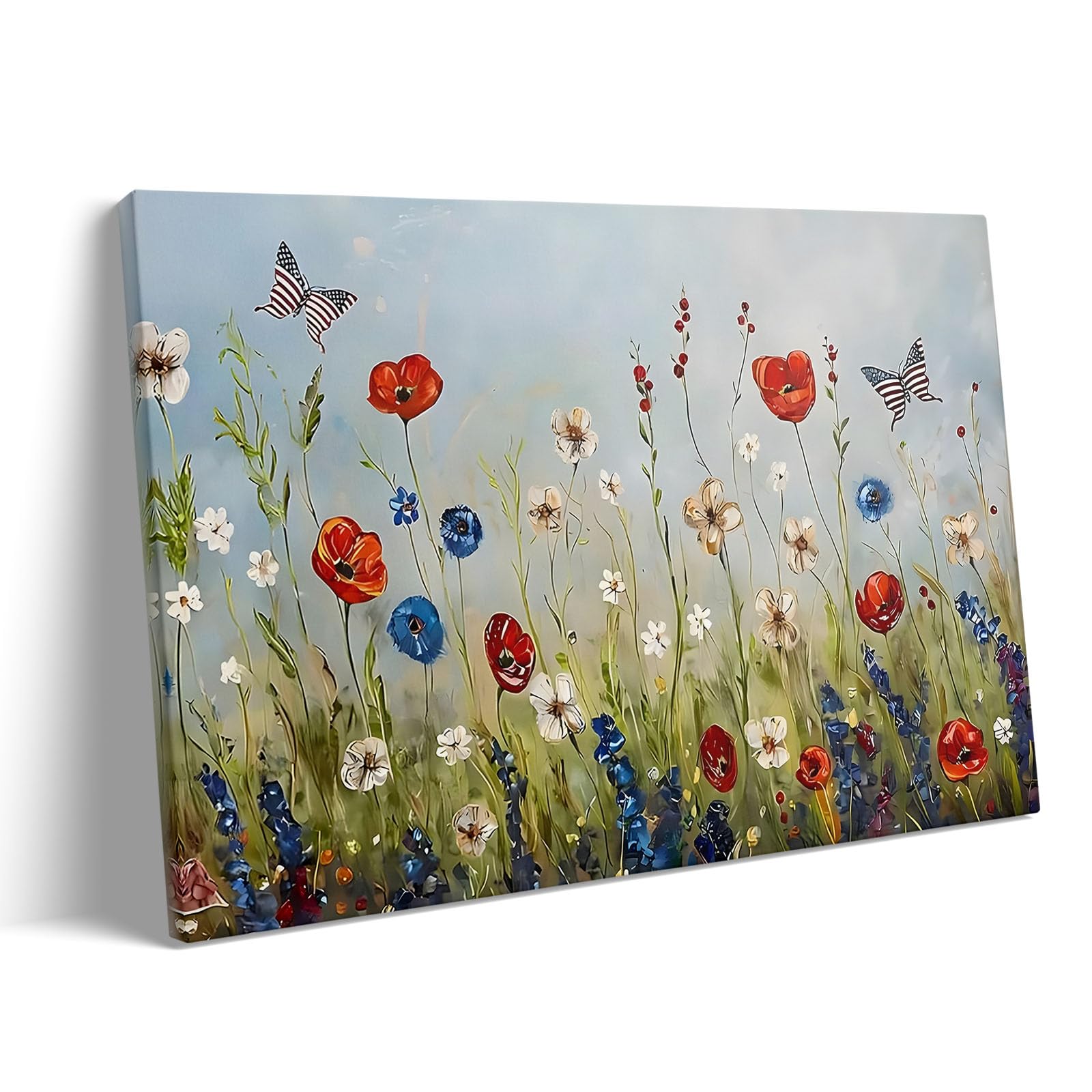 Memorial Day Canvas Wall Art, USA Patriotic Flower Print, Red White Blue Blossoms and American Flag Butterflies Poster Framed Wall Painting for Living Room, Office, Holiday Decorations 16x20inch