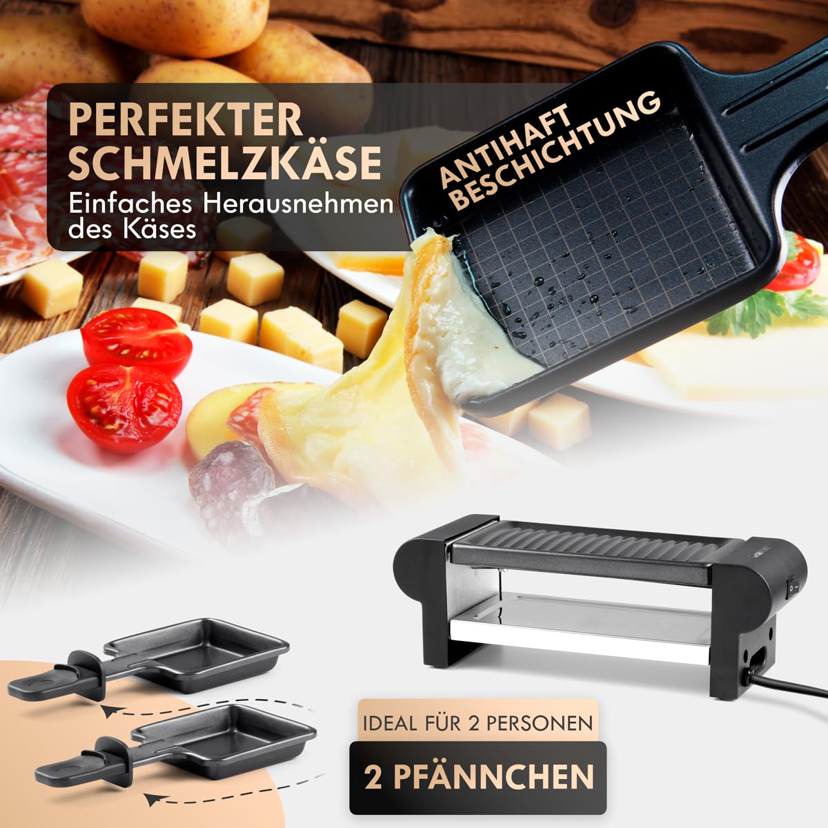 Artesà Mini Raclette Grill Cheese Individual Set voor 2 personen, kleine ijzeren kaasfonduesmelter, metalen rek met antiaanbakpan, houten spatel en 2 kaarsen
