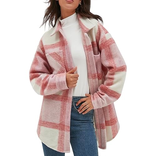 CHYRII Women's Casual Flannel Plaid Shacket Button Down Long Sleeve Shirt Jacket Coats with Pockets