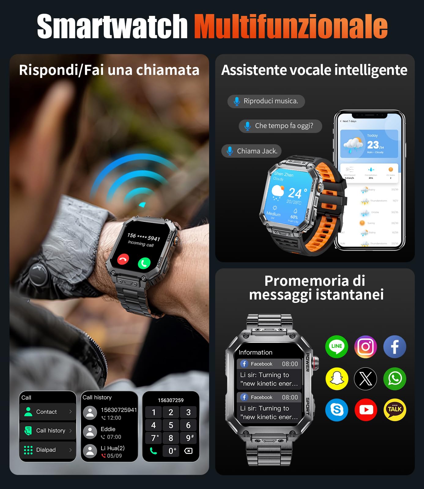 LIGE Smartwatch Uomo Con 3 Cinturini, Schermo HD 2,01", Orologio Smart Con Chiamata Bluetooth, Cardiofrequenzimetro 24/7 e SpO2, IP68 Impermeabile, 120+ Modalità Sportive Per Android iOS, EF2-L