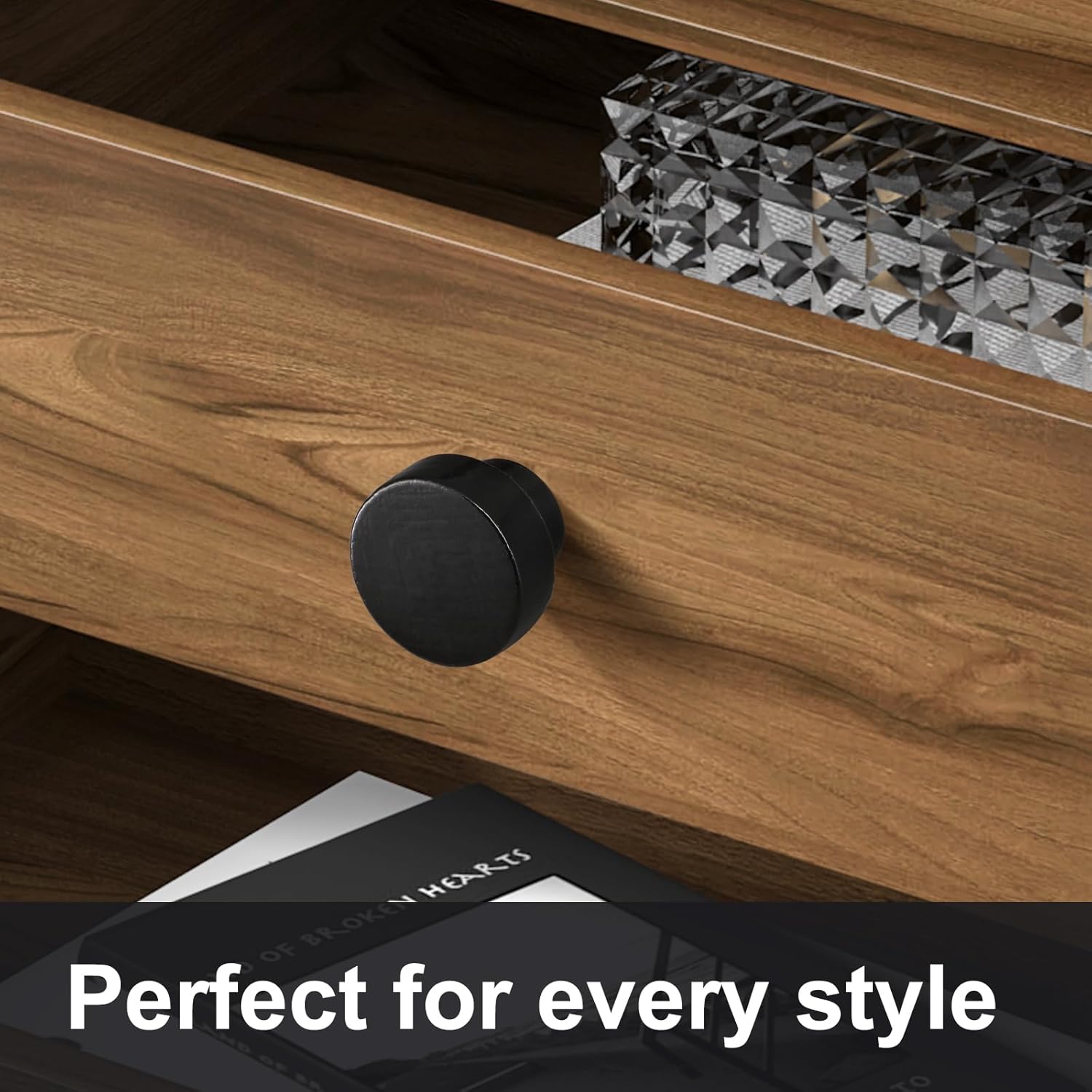 FoDau770 15pcs Black Wood Knobs, Flat Top Round Cabinet Knobs Vintage Drawer Pulls, Natural Wooden Cabinet Hardware for Furniture Drawer Dresser Wardrobe Cupboard - 1" Diameter