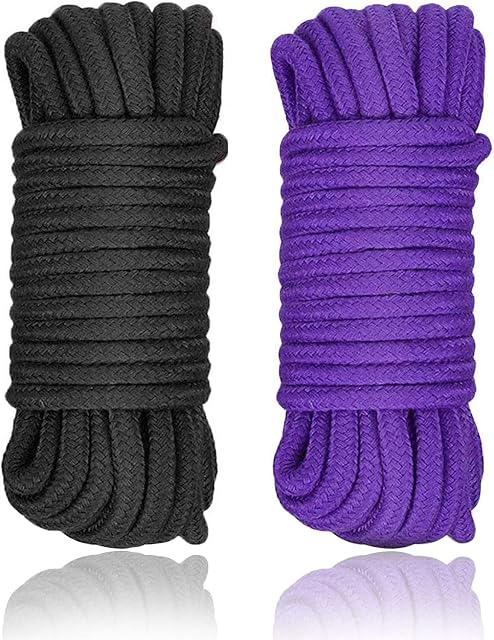 YRU 2 Pack Soft Cotton Rope, Multipurpose Durable Long Rope Craft Colored Rope, 32 Feet/10M Soft Twisted Cotton Knot Tying Rope Cord, Utility Braided Cotton Rope (Black+Purple)