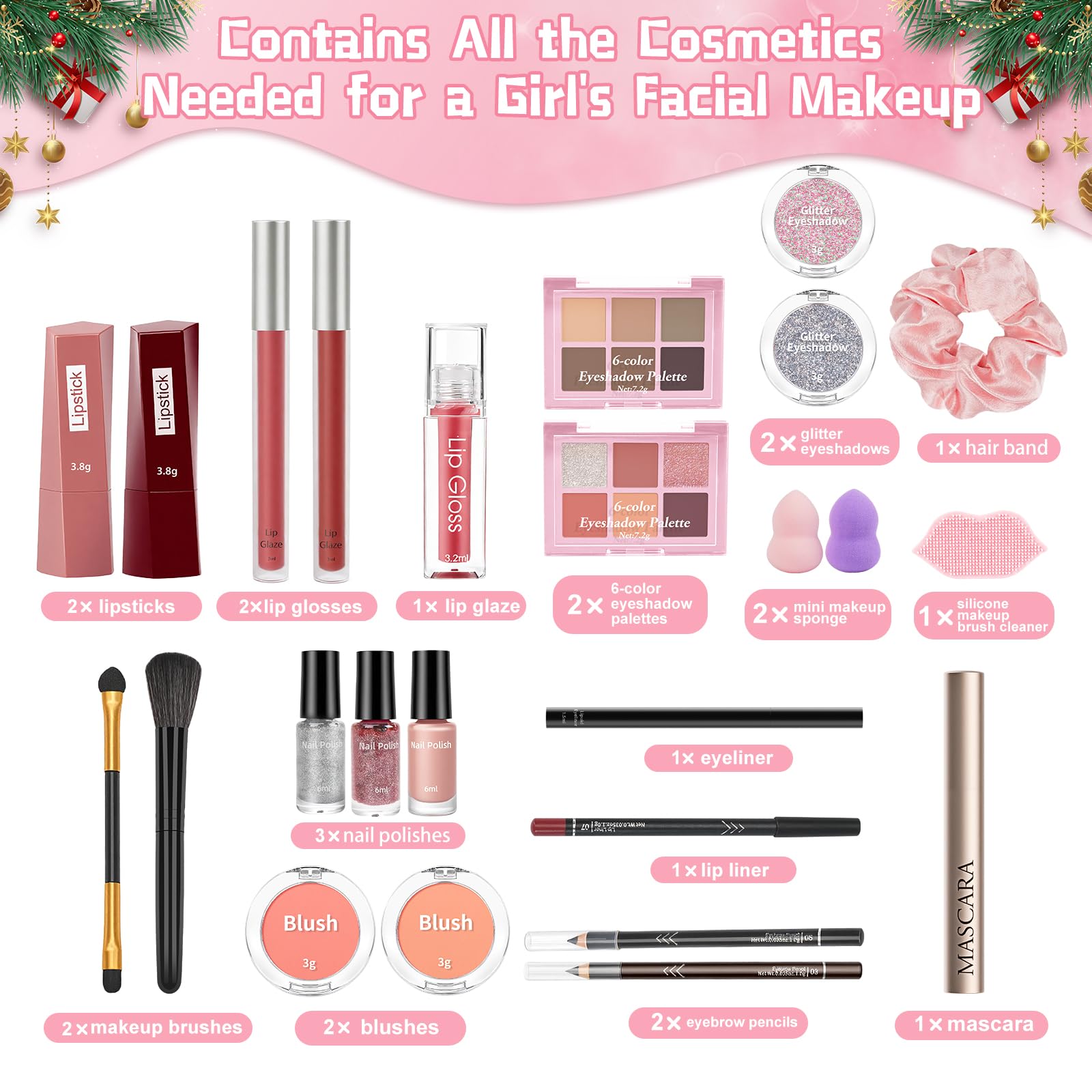 Calendrier de L'avent Maquillage 2025 pour Fille, 24 Beauté Coffret Cosmétique de Noël avec Gloss, Blush, Pinceaux et Mascara, Sûr pour la Peau, Doux et Non Irritant, Cadeau pour Une Princesse