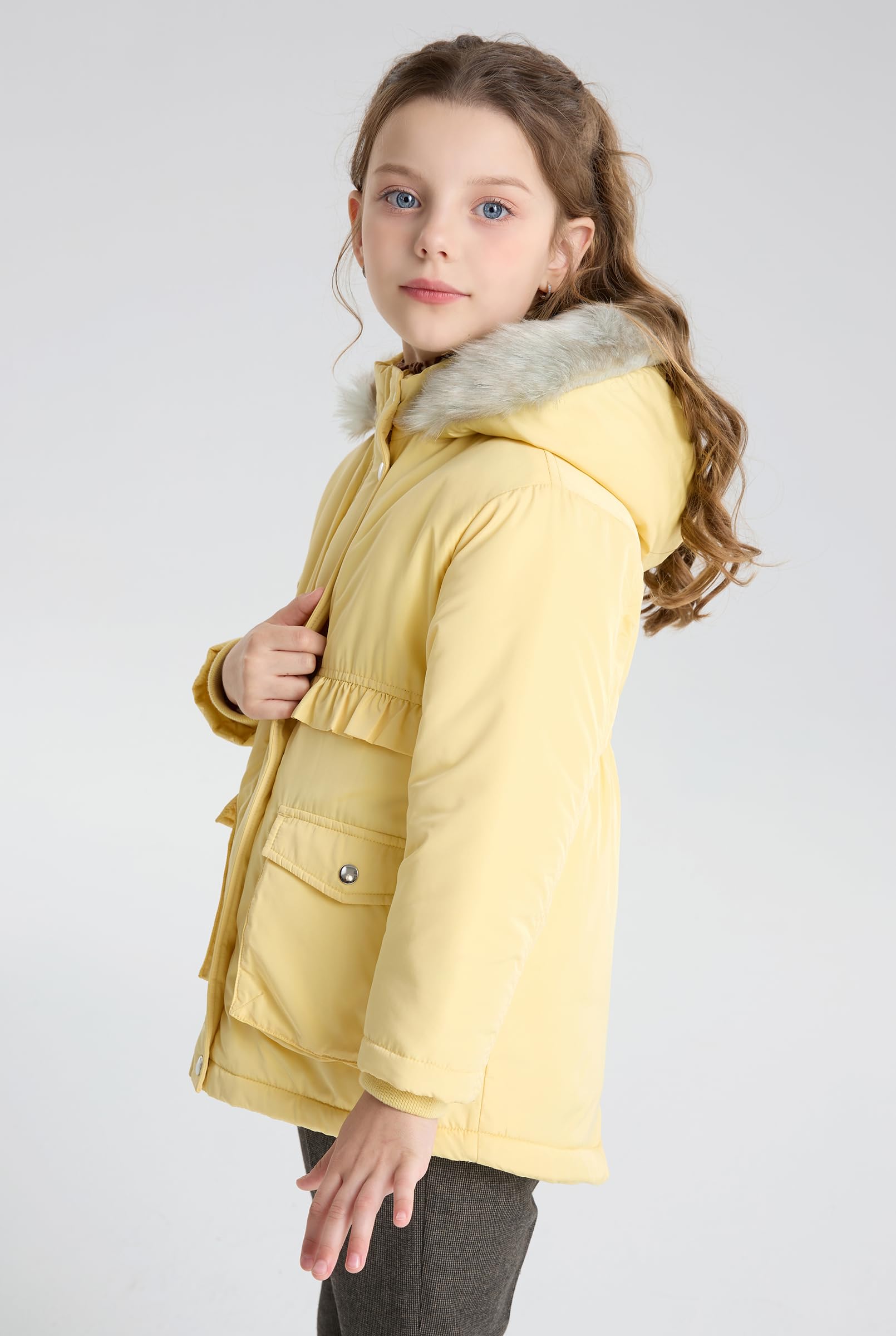 SOLOCOTE Abrigo de invierno para niñas pequeñas Ligero con capucha de piel forro de sherpa puños de canalé Chaqueta resistente al agua para niños