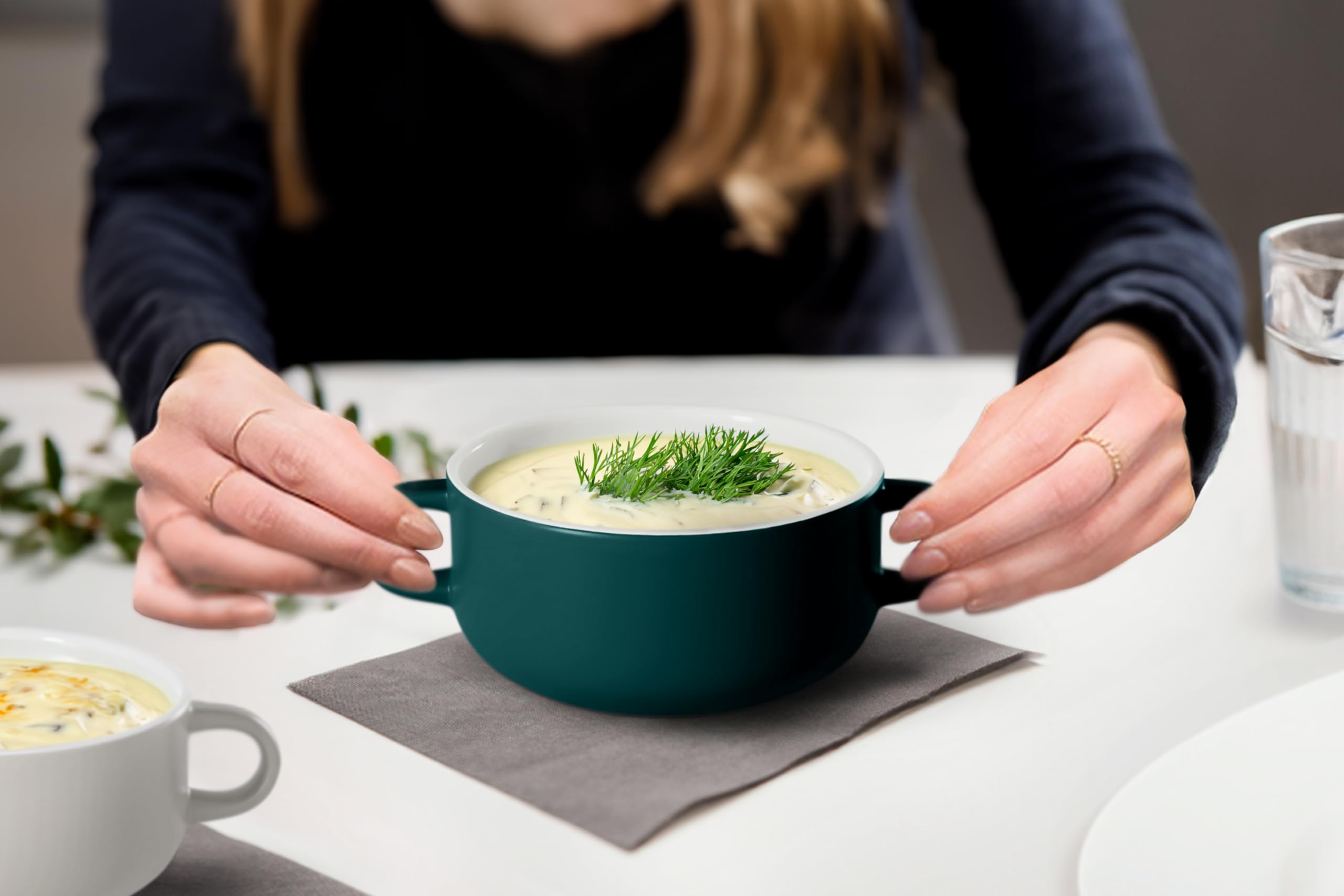 Kook Sopa Crocks, cuencos de cerámica, para asar, horno, microondas y lavavajillas, con asas, para cazuela, pasta, cereales, 20 onzas, juego de 4 (verde cazador)