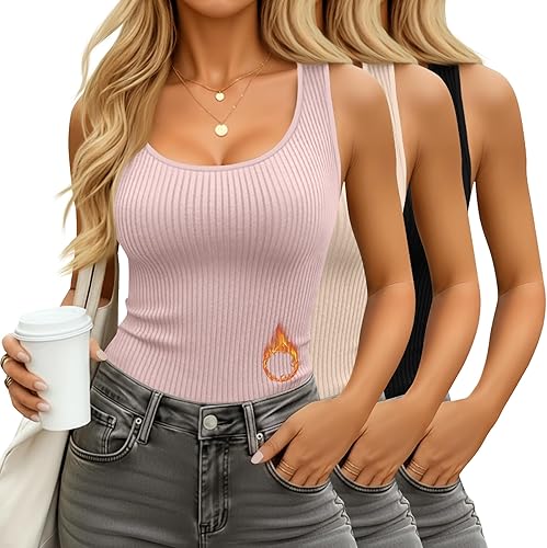 Miniatura 8 de Paquete de 3 camisetas térmicas sin mangas acanaladas para mujer, de forro polar de algodón, cuello redondo, ajustadas, capa base de camisola Marrón