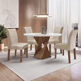 Conjunto Mesa Barcelona 100cmx100cm 4 Cadeiras Espanha Tampo Slim Plus Redondo Vidro Yescasa Chocolate/Off White/Bege Claro