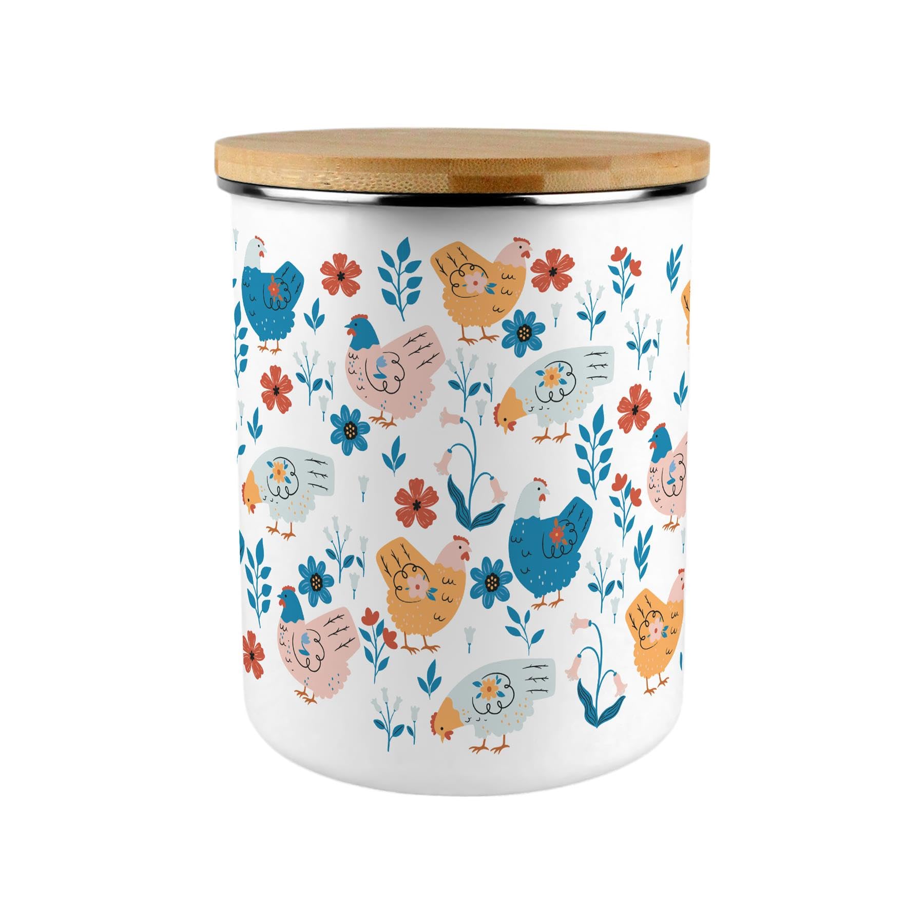 Botanical Chickens Storage Canister - Floral 2.7L Extra-Large Enamel Home & Kitchen Organisation Container