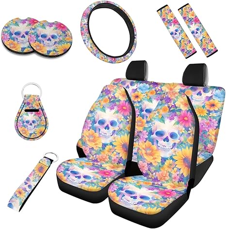 10 Pcs Sugar Skull Flower Car Seat Cover for Women, Ditsy Flower Sunflower Skeleton Car Accessories Set, Mexican Day of Dead Cup Holder Pad Universal Fit for Most Car