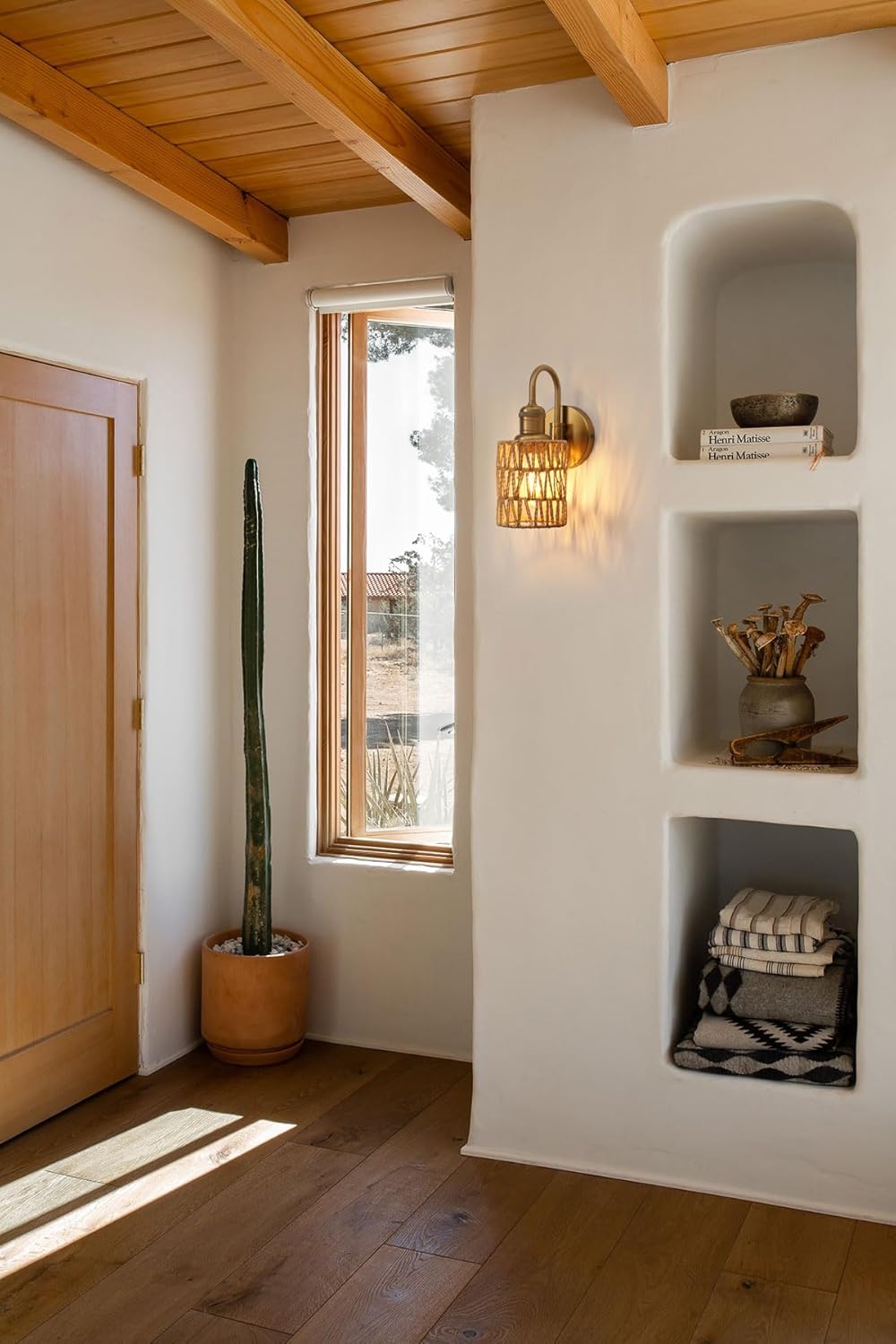 1-Light Vintage Gooseneck Sconce Wall Lighting with Rattan Shade, Boho Wall Sconce Hardwired Wall Lamp Fixture for Bedroom Bedside Hallway Living Room