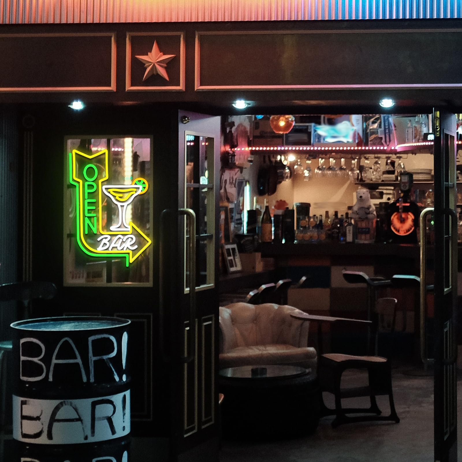 Panneau Néon Bar « Open » Led - Panneau néon mural à LED pour cocktails - Signe lumineux USB à intensité variable pour décoration de bar à bière, café, club, pub, grotte, fête, taverne