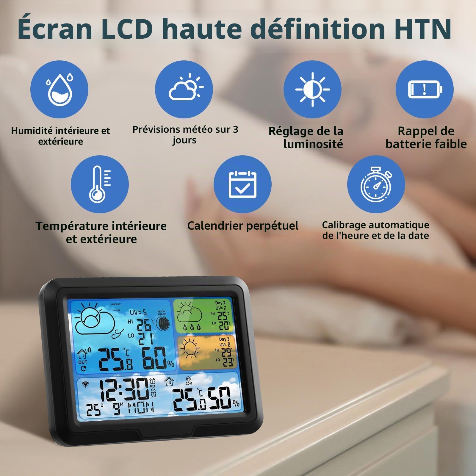 Station Meteo WiFi, Station Meteo Connectée App Tuya Station'meteo avec Capteur Extérieur Centrale Meteo Écran LCD Coloré Interieur Baromètres Phase de Lune Alarme Réveil Prévision Météo