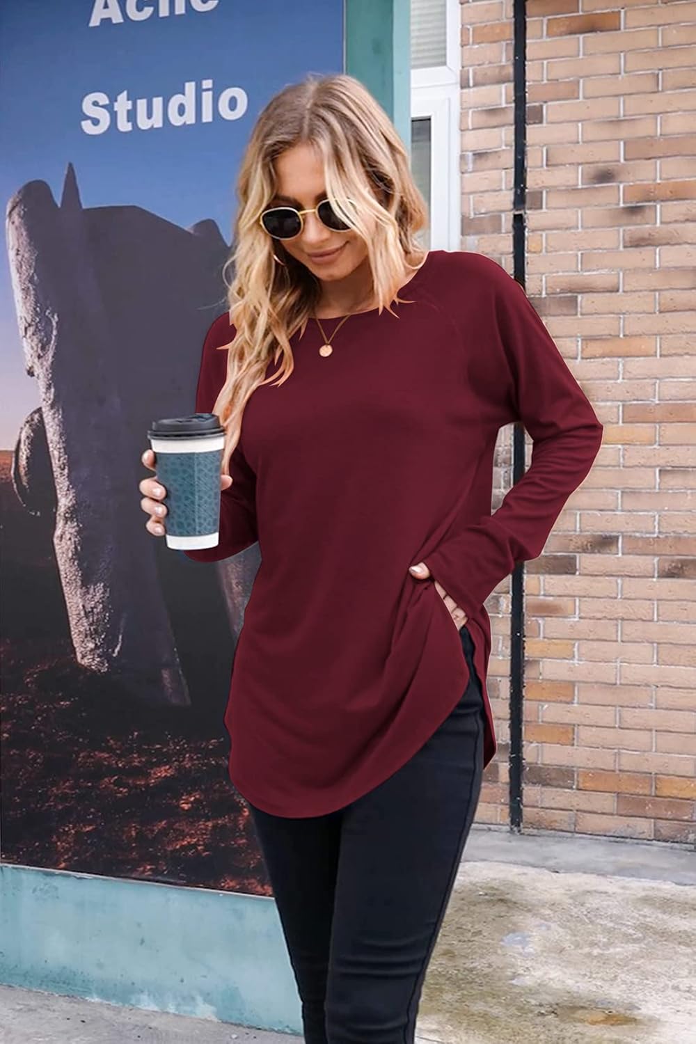 Newchoice Women's Casual Batwing Long Sleeve T Shirt Round Neck Basic Loose Tunic Tops - Image 3